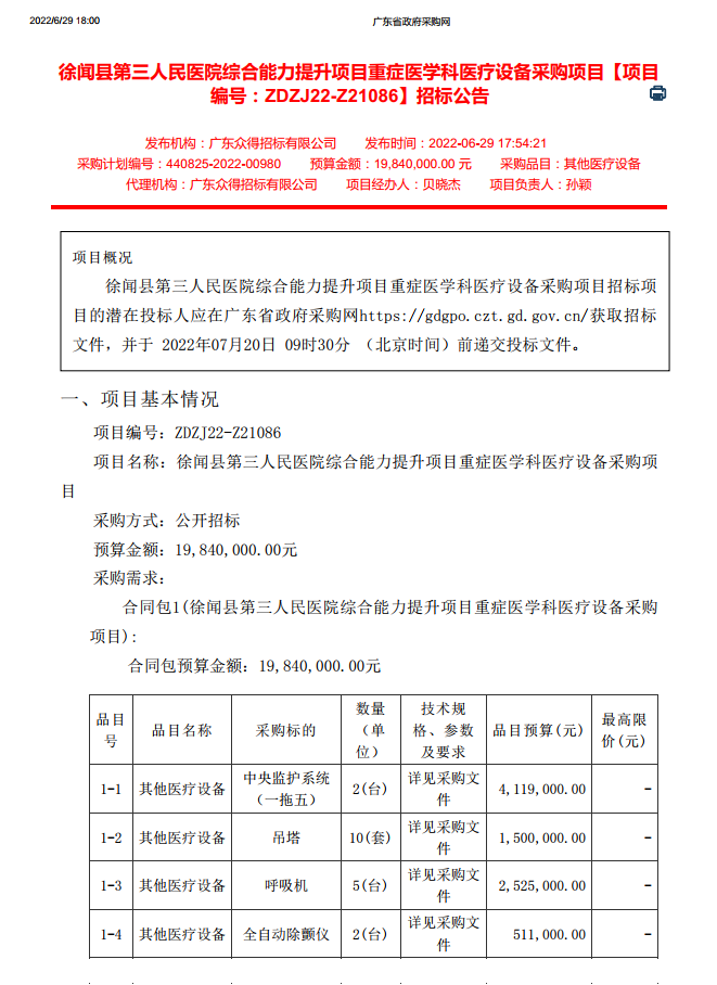 徐聞縣第三人民醫(yī)院綜合能力提升項(xiàng)目重癥醫(yī)學(xué)科醫(yī)療設(shè)備采購項(xiàng)目【項(xiàng)目 編號：ZDZJ22-Z21086】招標(biāo)公告(圖1)