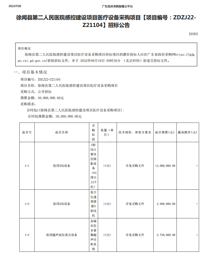 徐聞縣第二人民醫(yī)院感控建設(shè)項(xiàng)目醫(yī)療設(shè)備采購項(xiàng)目【項(xiàng)目編號(hào)：ZDZJ22- Z21104】招標(biāo)公告(圖1)