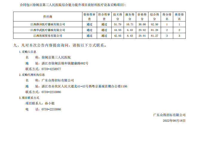 徐聞縣第三人民醫(yī)院綜合能力提升項(xiàng)目放射科醫(yī)療設(shè)備采購項(xiàng)目【項(xiàng)目編號(hào)： ZDZJ22- Z21114】中標(biāo)公告(圖2)