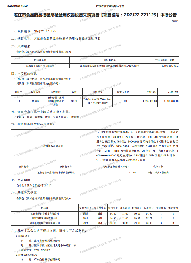 湛江市食品藥品檢驗(yàn)所檢驗(yàn)用儀器設(shè)備采購項(xiàng)目【項(xiàng)目編號：ZDZJ22-Z21125】中標(biāo)公告(圖1)