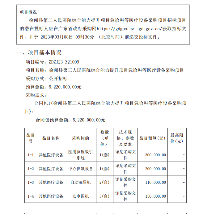 徐聞縣第三人民醫(yī)院綜合能力提升項目急診科等醫(yī)療設備采購項目 [ZDZJ23-Z21009]招標公告(圖1)