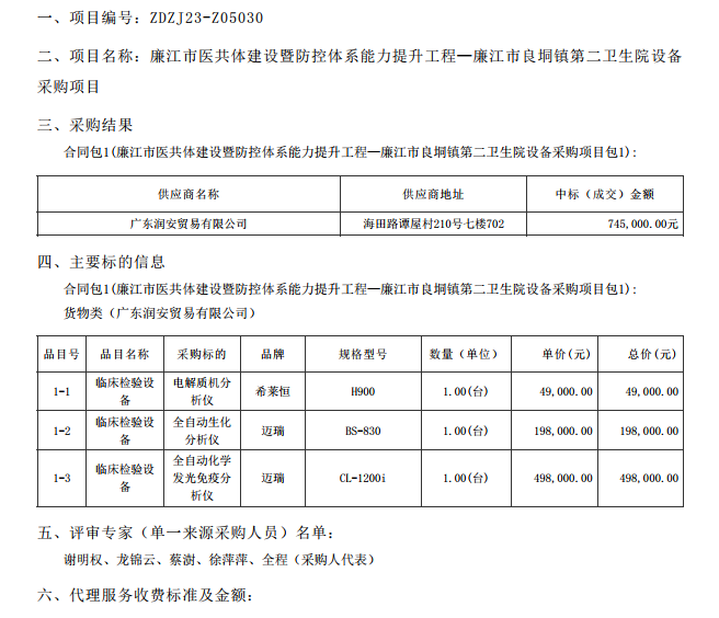 廉江市醫(yī)共體建設(shè)暨防控體系能力提升工程—廉江市良垌鎮(zhèn)第二衛(wèi)生院設(shè)備采購項(xiàng)目【項(xiàng)目編 號(hào)：ZDZJ23-Z05030】（包 1）結(jié)果公告(圖1)